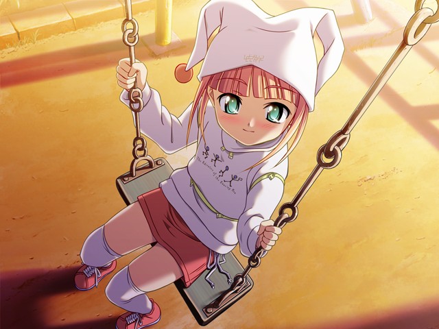toma (asagayatei), ayakashi, original, game cg, non-web source, 00s, 1girl, aqua eyes, blush, child, female focus, green eyes, hat, jester cap, on swing, orange hair, pink hair, sitting, skirt, smile, solo, sunset, swing, thighhighs, white thighhighs