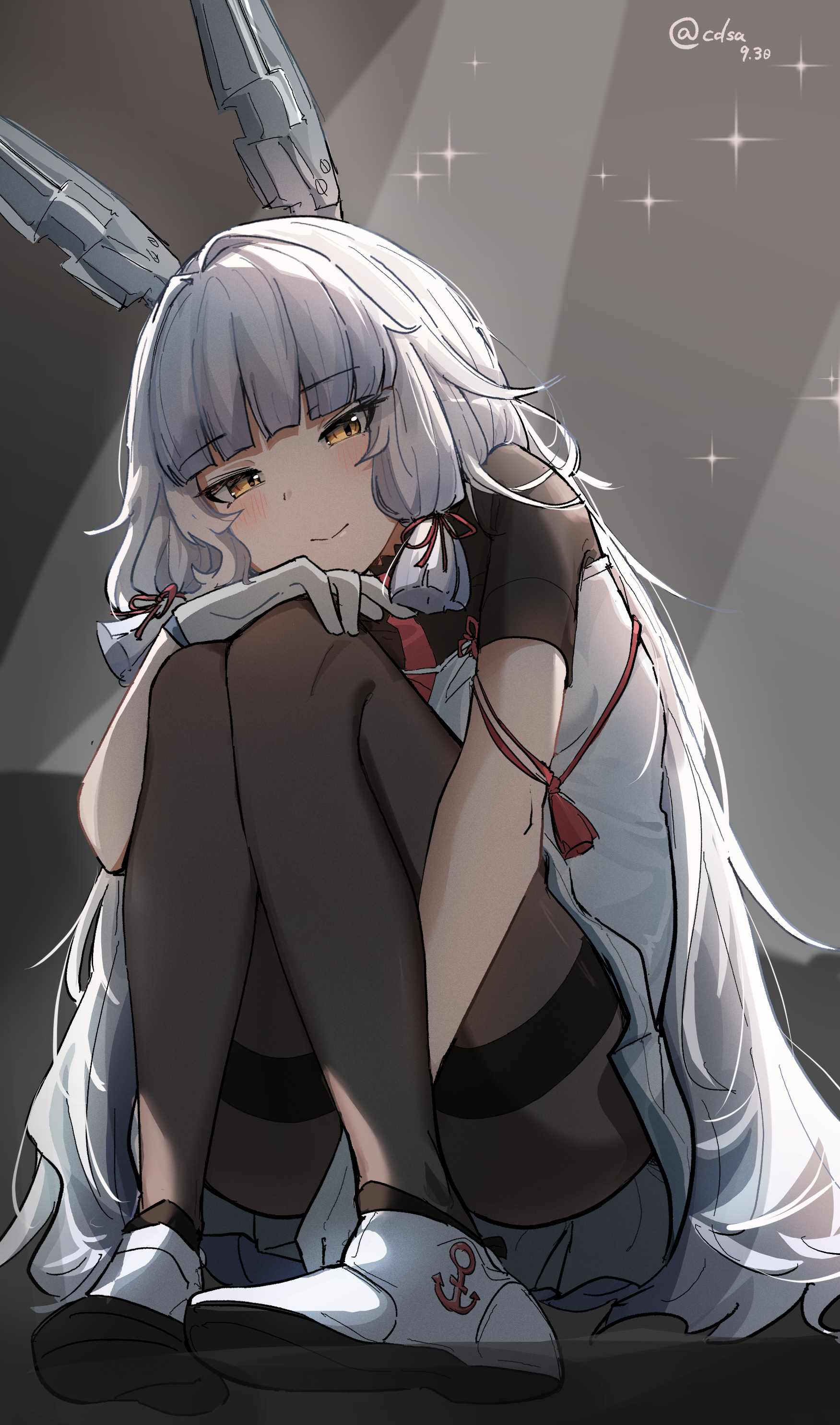 ningfeng233, murakumo (kancolle), murakumo kai ni (kancolle), kantai collection, absurdres, highres, 1girl, black pantyhose, blunt bangs, breasts, dress, floating headgear, gloves, grey hair, hair ribbon, headgear, long hair, looking at viewer, medium breasts, necktie, orange eyes, pantyhose, red necktie, ribbon, sailor dress, sitting, smile, solo, thighband pantyhose, tress ribbon, very long hair, white gloves
