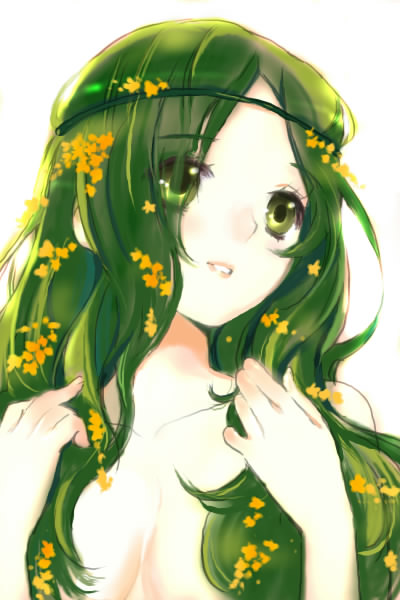 888, tagme, flower, green eyes, green hair, nude, smile, solo, white background