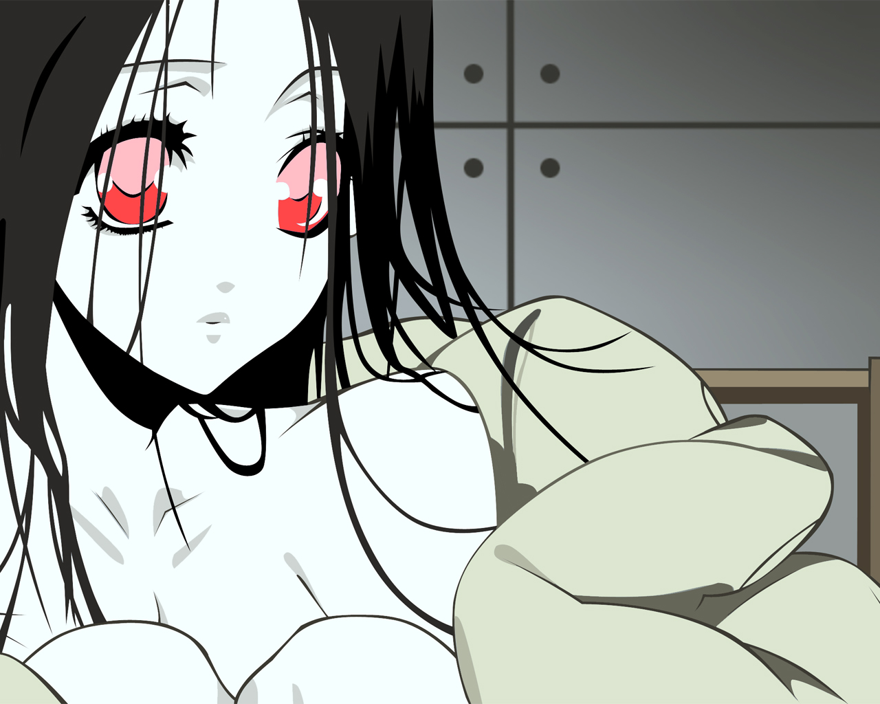 komori kiri, sayonara zetsubou sensei, non-web source, 00s, 1girl, black hair, colored skin, female focus, red eyes, solo, spot color, white skin
