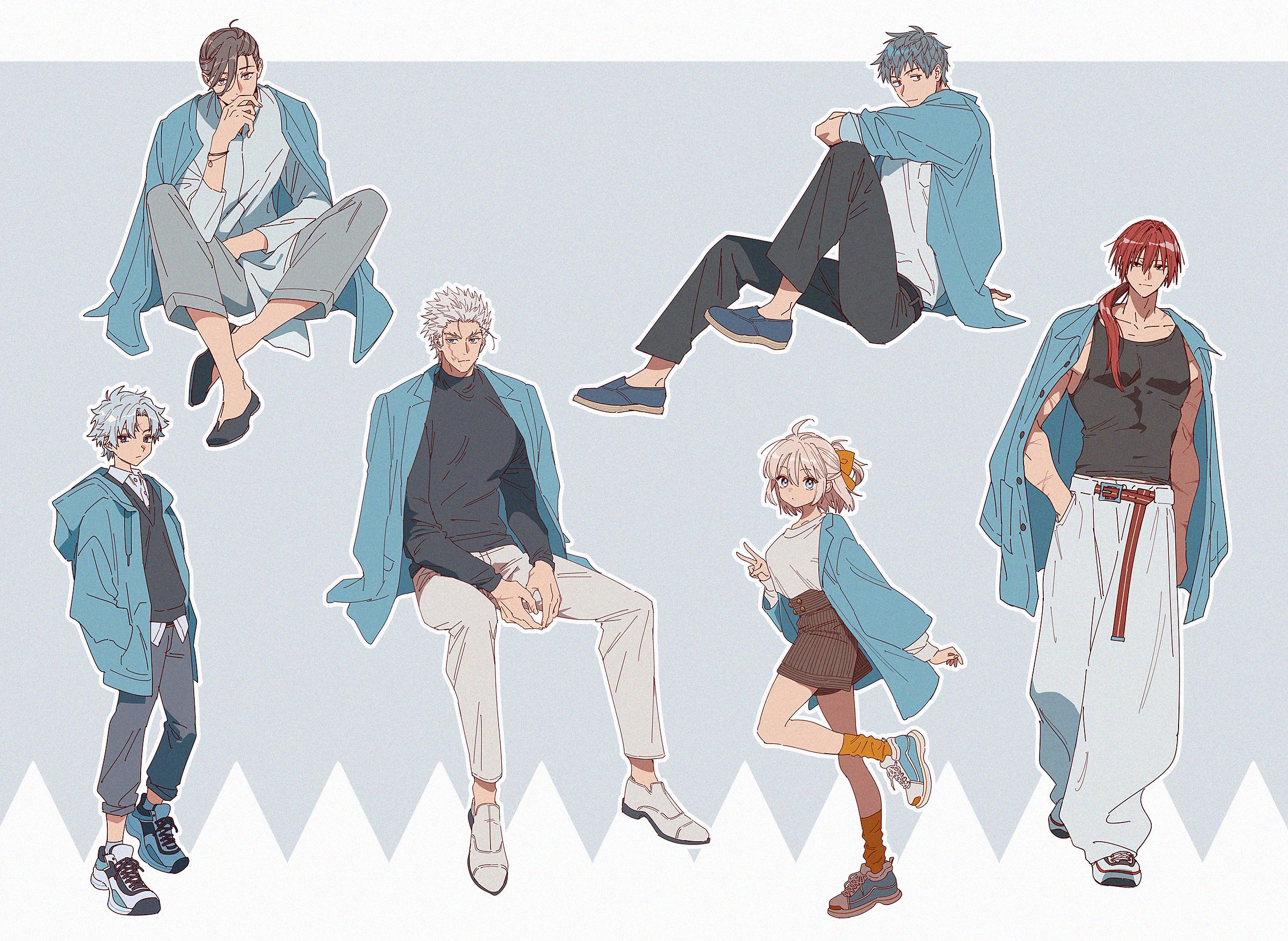 uni (nico02), nagakura shinpachi (fate), okita souji (fate), saitou hajime (fate), yamanami keisuke (fate), fate/grand order, fate (series), highres, 1girl, 5boys, adapted costume, belt, black pants, black shirt, black shoes, black sweater, blue cardigan, blue jacket, blue shoes, bow, bracelet, brown hair, buttons, cardigan, cardigan on shoulders, collared shirt, contemporary, facial scar, full body, grey pants, hair bow, hair over shoulder, hair slicked back, hands in pockets, harada sanosuke (fate), hood, hooded jacket, jacket, jacket on shoulders, jewelry, long hair, long sleeves, multiple boys, multiple scars, open clothes, open jacket, orange bow, orange socks, pants, red hair, scar, scar on arm, scar on cheek, scar on face, scar on forehead, scar on shoulder, shinsengumi (fate), shirt, shoes, shorts, sitting, sleeveless, sleeveless shirt, socks, striped clothes, striped shorts, sweater, toned, toned male, toudou heisuke (fate), turtleneck, turtleneck sweater, unbuttoned, v, v-neck, vertical-striped clothes, vertical-striped shorts, white hair, white pants, white shirt, white shoes