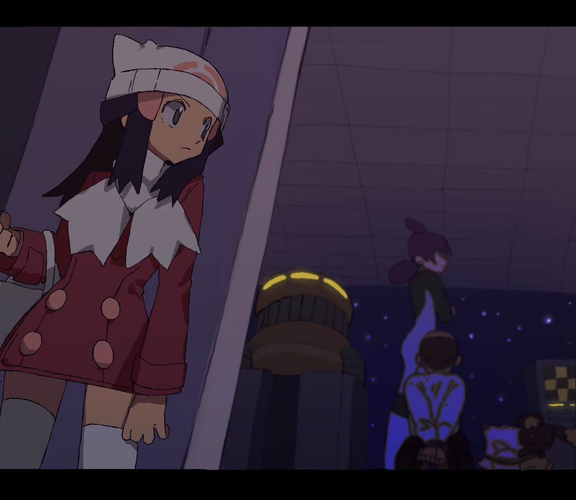 shichibee (stm mimi), dawn (pokemon), nintendo, pokemon, pokemon dppt, pokemon platinum, black hair, boots, hat, holding, long hair, multiple girls, poke ball, scarf, skirt, team galactic, white hat