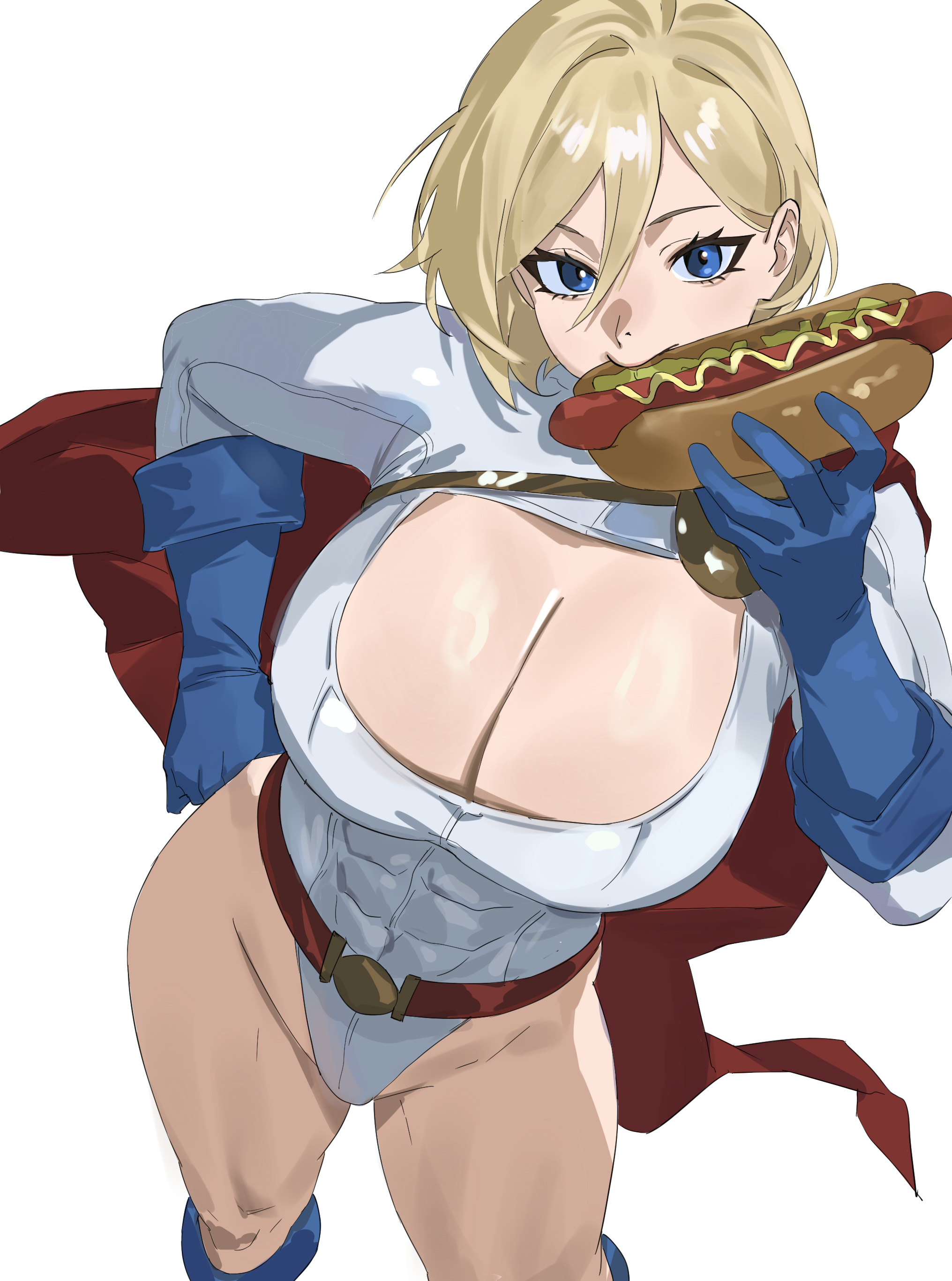 taiyang yu, power girl, power girl (1976 costume), dc comics, absurdres, highres, 1girl, belt, blonde hair, blue eyes, blue gloves, breasts, cape, cleavage, cleavage cutout, clothing cutout, eating, gloves, highleg, highleg leotard, hot dog, large breasts, leotard, long sleeves, looking at viewer, red belt, red cape, short hair, sleeved leotard, solo, superhero costume, thighs, white leotard
