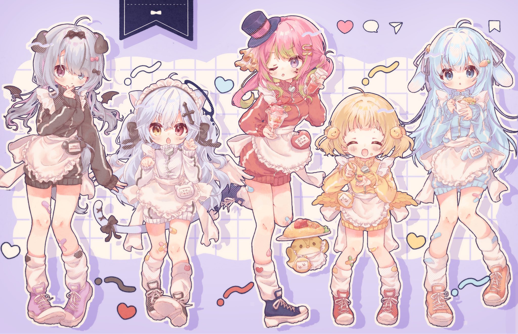 kamizakana iriko, original, commentary request, highres, 5girls, :d, :o, ^ ^, animal ear fluff, animal ears, apron, bandaid, bandaid on knee, bandaid on leg, bird hair ornament, black bow, black jacket, black shoes, black shorts, blonde hair, blue eyes, blue hair, blue hat, blue jacket, blue shoes, blue shorts, blush, bow, carrot hair ornament, cat ears, cat girl, cat tail, cat zipper, closed eyes, closed mouth, coffee mug, cup, drinking glass, drop shadow, facing viewer, fang, food, food-themed hair ornament, food on face, frilled apron, frills, full body, green hair, grid background, hair bow, hair ornament, hair ribbon, hands up, hat, heart, holding, holding cup, holding spoon, jacket, jersey maid, long hair, long sleeves, looking at viewer, low twintails, maid, maid headdress, mug, multicolored hair, multiple girls, omelet, omurice, one eye closed, open mouth, orange shoes, outline, parfait, pink hair, pink shoes, pink streaks, plate, purple ribbon, red eyes, red jacket, red shoes, red shorts, ribbon, shoes, short hair, shorts, skin fang, smile, sneakers, socks, spoon, standing, standing on one leg, streaked hair, tail, tongue, tongue out, top hat, track jacket, twintails, two-tone hair, two side up, unconventional maid, v-shaped eyebrows, white apron, white outline, white socks, yellow eyes, yellow jacket, yellow shorts, zipper
