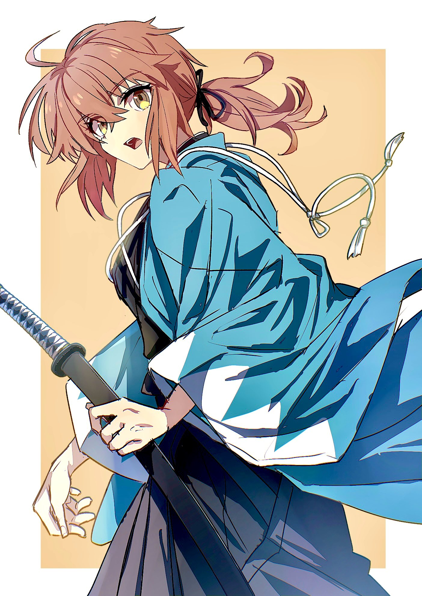 ruko072, fujimaru ritsuka (female), fate/grand order, fate (series), highres, 1girl, aqua haori, black hakama, black kimono, fujimaru ritsuka (female) (teal uniform), hakama, haori, japanese clothes, katana, kimono, low ponytail, official alternate costume, official alternate hairstyle, open mouth, orange hair, ponytail, sheath, sheathed, shinsengumi, solo, sword, weapon, yellow eyes