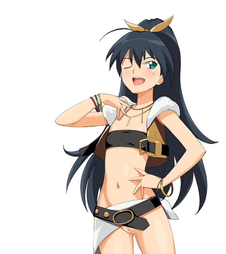 a1 (initial-g), 961 production, ganaha hibiki, idolmaster, idolmaster (classic), idolmaster 1, 00s, 1girl, bandeau, belt, black hair, blush, bracelet, cleft of venus, female focus, flat chest, green eyes, hair ribbon, jewelry, long hair, midriff, navel, no panties, one eye closed, ponytail, pussy, ribbon, solo, standing, strapless, sweat, tube top, uncensored, wink