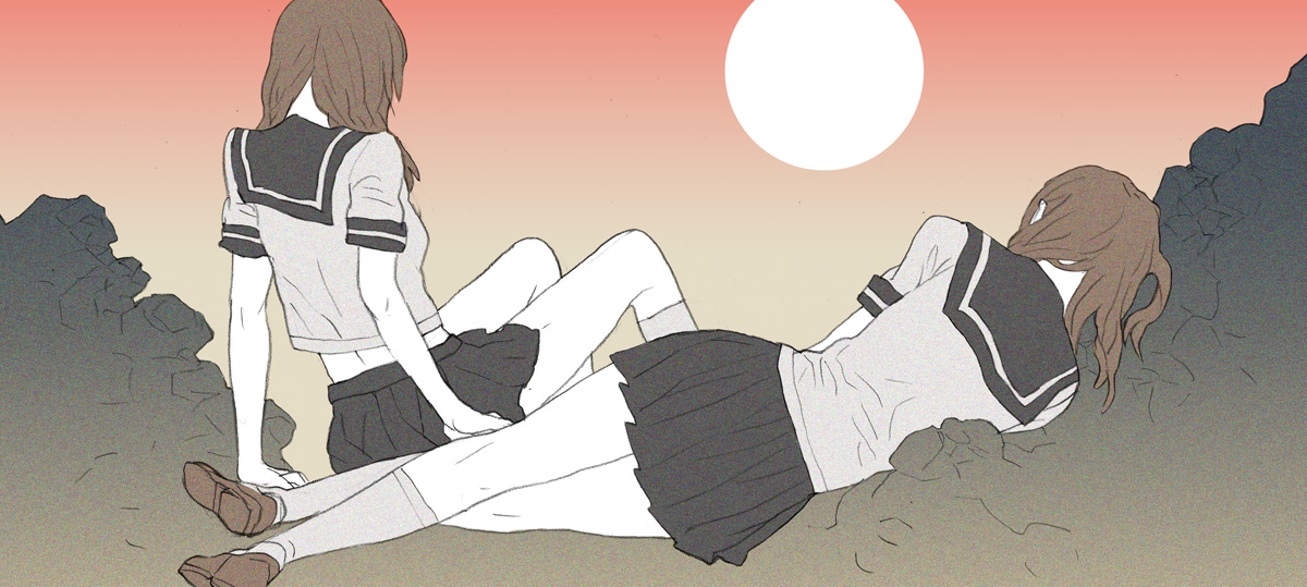 takase (harakiri), original, 2girls, back, brown hair, legs, long hair, lying, multiple girls, school uniform, skirt, socks, sun