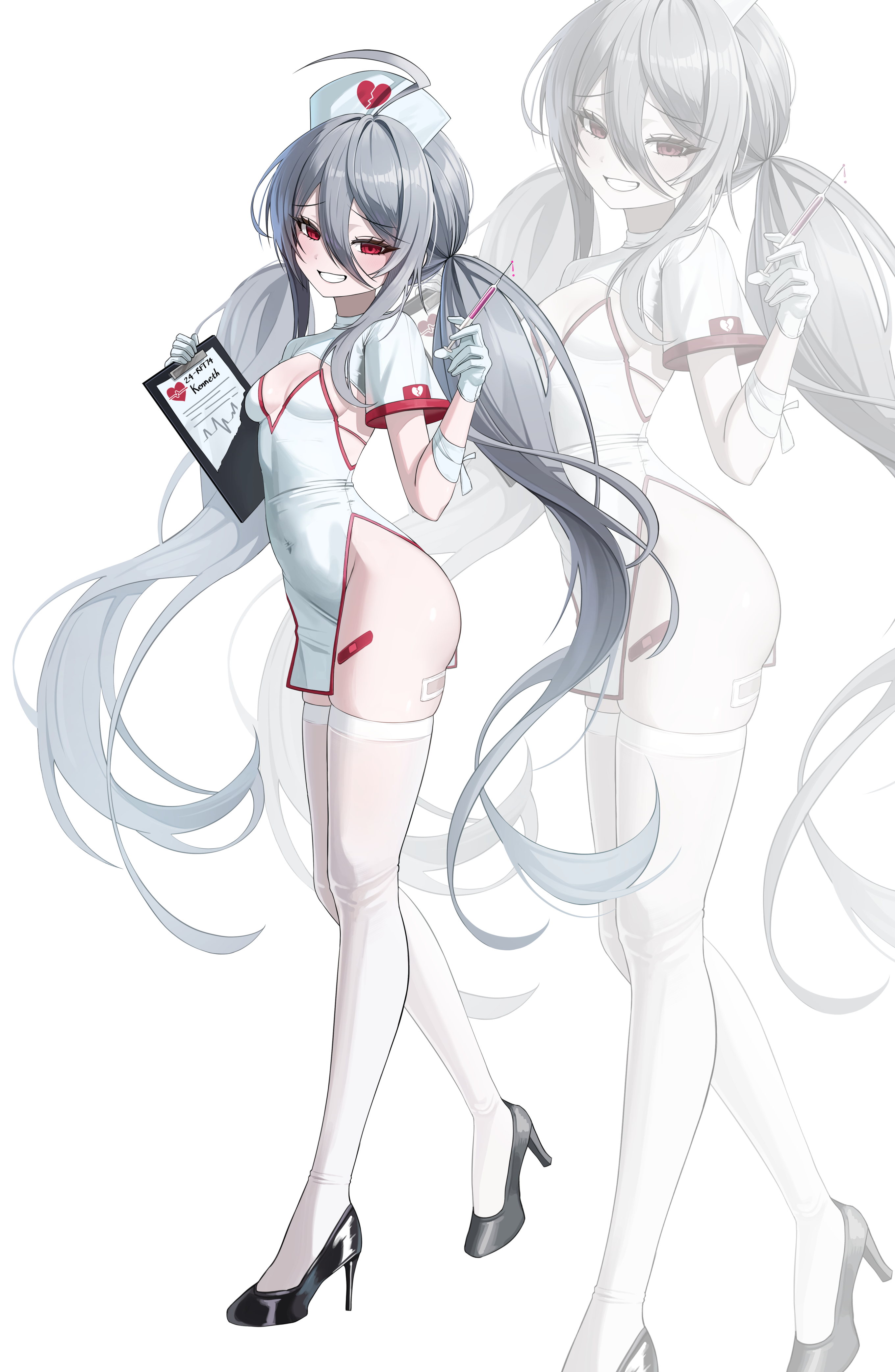 suisen (suisenhwa), garnet (black survival), black survival, eternal return: black survival, absurdres, highres, 1girl, ahoge, bandaid on thigh, black shoes, breasts, covered navel, dress, full body, gloves, grey hair, grin, hair between eyes, hands up, hat, heart, high heels, holding, holding syringe, long hair, looking at viewer, no panties, nurse cap, pelvic curtain, red eyes, shoes, short sleeves, shrug (clothing), simple background, skindentation, small breasts, smile, solo, strapless, strapless dress, syringe, thighhighs, thighs, twintails, very long hair, white background, white dress, white gloves, white shrug, white thighhighs, zoom layer