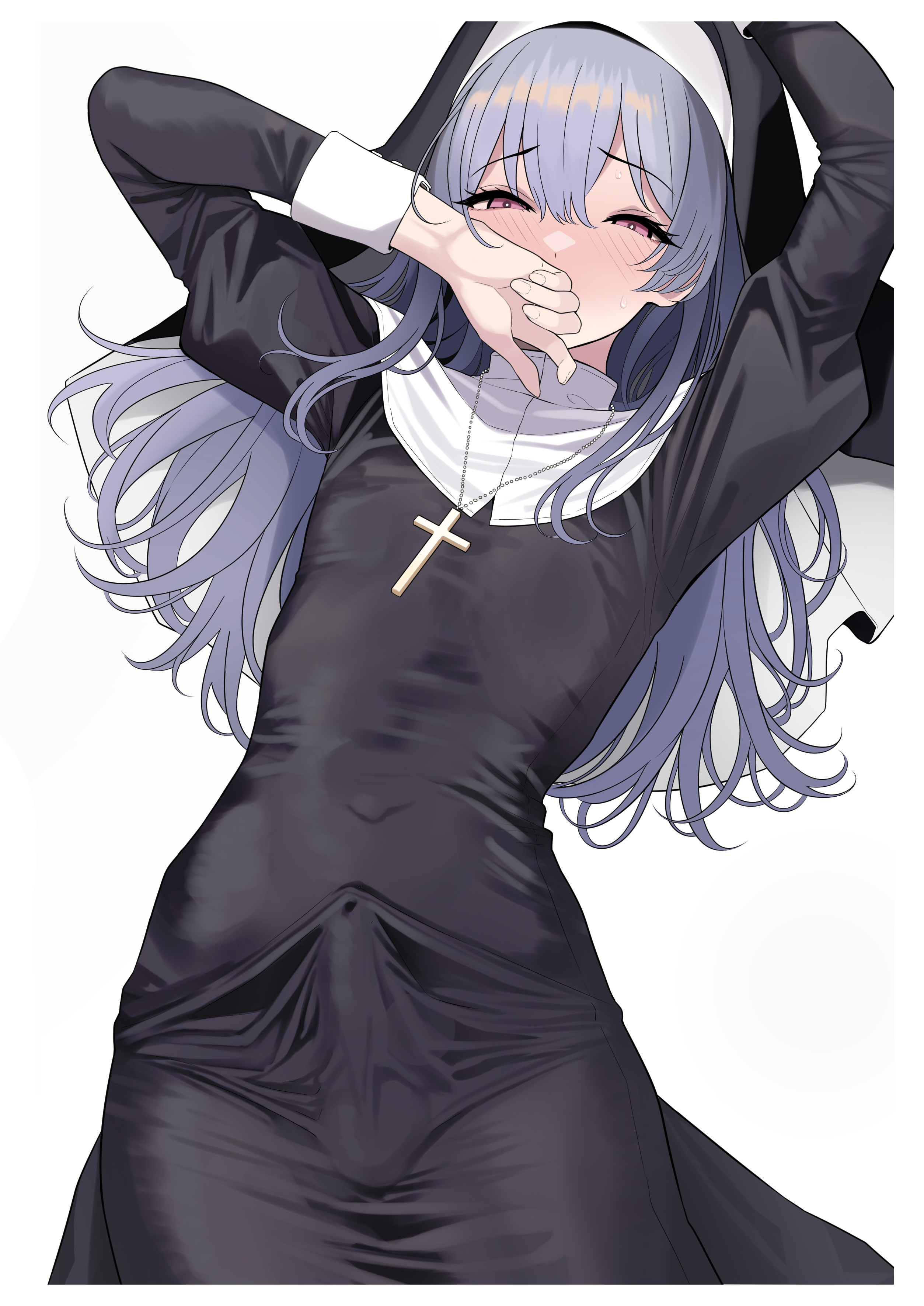turisasu, original, absurdres, highres, 1boy, blue hair, blush, bulge, covered erect nipples, covered navel, crossdressing, crossdressing (mtf), flat chest, long hair, looking at viewer, lying, nun, on back, pink eyes, skin tight, trap, very long hair