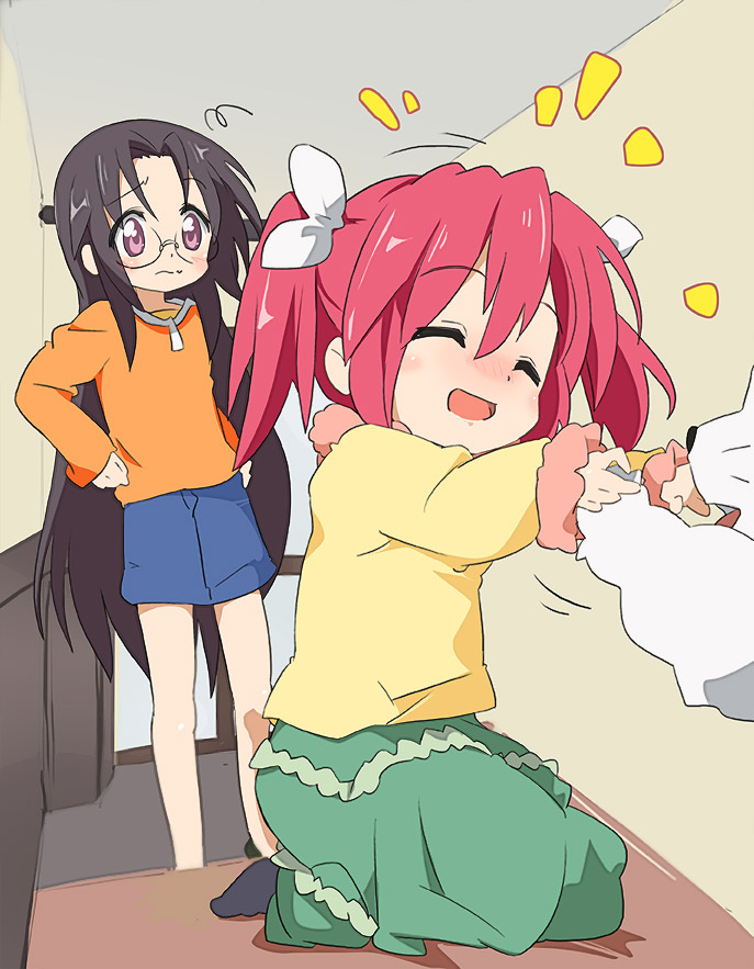 ixy, cherry (lucky star), kobayakawa yutaka, tamura hiyori, lucky star, 00s, black hair, blush, dog, glasses, happy, long hair, pink hair