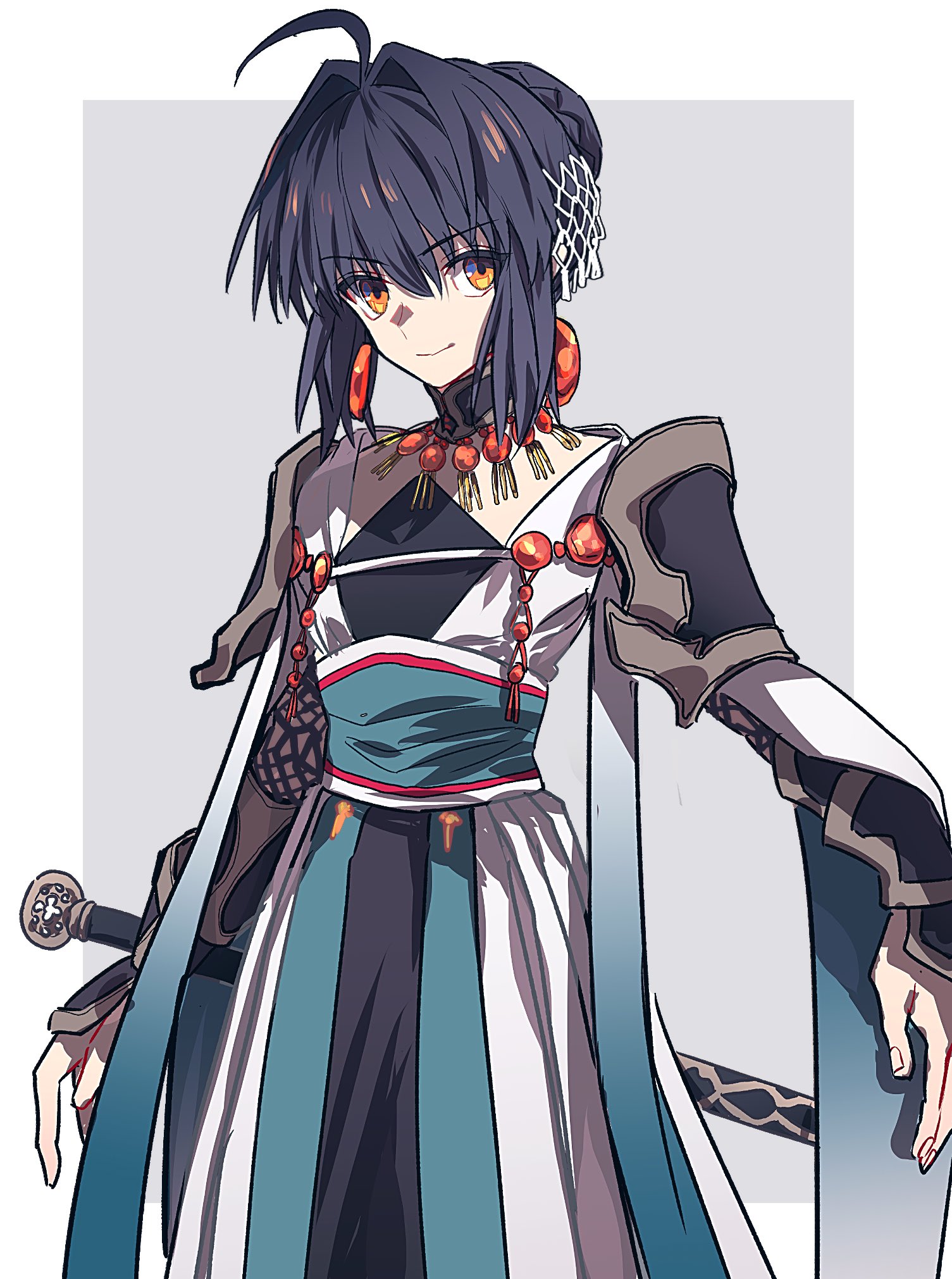 ruko072, yamato takeru (fate), yamato takeru (phantasmal dress) (fate), fate/samurai remnant, fate (series), feminization, highres, 1other, ahoge, androgynous, arm guards, black hair, braid, braided bun, bridal gauntlets, dress, earrings, fishnet bridal gauntlets, hair bun, japanese clothes, jewelry, magatama, magatama earrings, necklace, official alternate hairstyle, orange eyes, shoulder guard, sidelocks, smile, solo, sword, sword on back, weapon, weapon on back, white dress