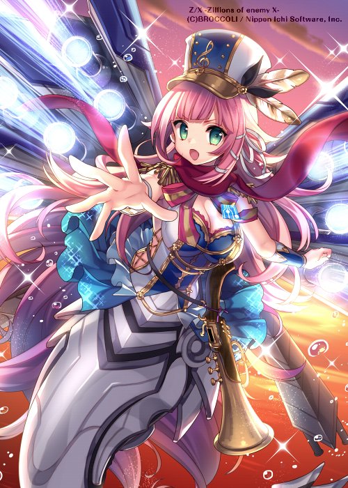 masaru.jp, z/x, official art, 1girl, blue shirt, breasts, bugle, cleavage, cloud, cloudy sky, copyright notice, epaulettes, frilled shirt, frills, gold trim, gradient sky, green eyes, hair ribbon, hat, hat ornament, instrument, large breasts, long hair, ludwig (z/x), mermaid, monster girl, multicolored shirt, open mouth, outstretched arm, pink hair, reaching, reaching towards viewer, red scarf, ribbon, scarf, shirt, sky, solo, sparkle, very long hair, white ribbon, white shirt, wings