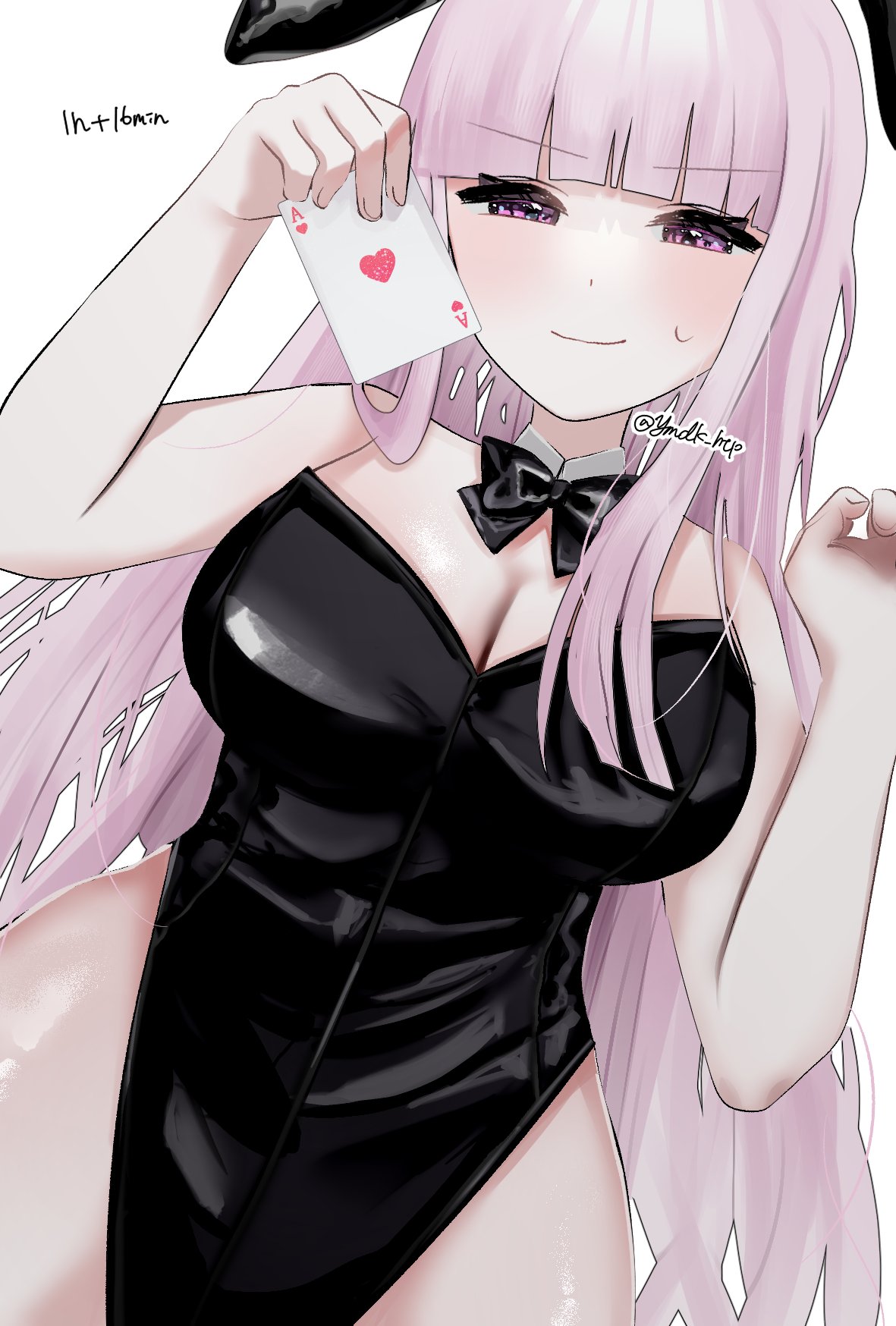 ymdk htp, kirov (kancolle), kantai collection, highres, 1girl, animal ears, bare legs, black leotard, breasts, card, detached sleeves, dutch angle, fake animal ears, hat, holding, holding card, large breasts, leotard, long hair, looking at viewer, pink eyes, pink hair, playboy bunny, solo, strapless, strapless leotard, upper body