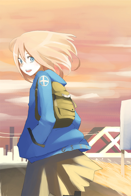 tansuke, takagi (tansuke), original, 1girl, bag, blue eyes, blue jacket, building, cloud, cloudy sky, cropped legs, female focus, hair between eyes, hand in pocket, jacket, long hair, looking at viewer, looking back, miniskirt, open mouth, outdoors, pink hair, skirt, sky, smile, solo, wind