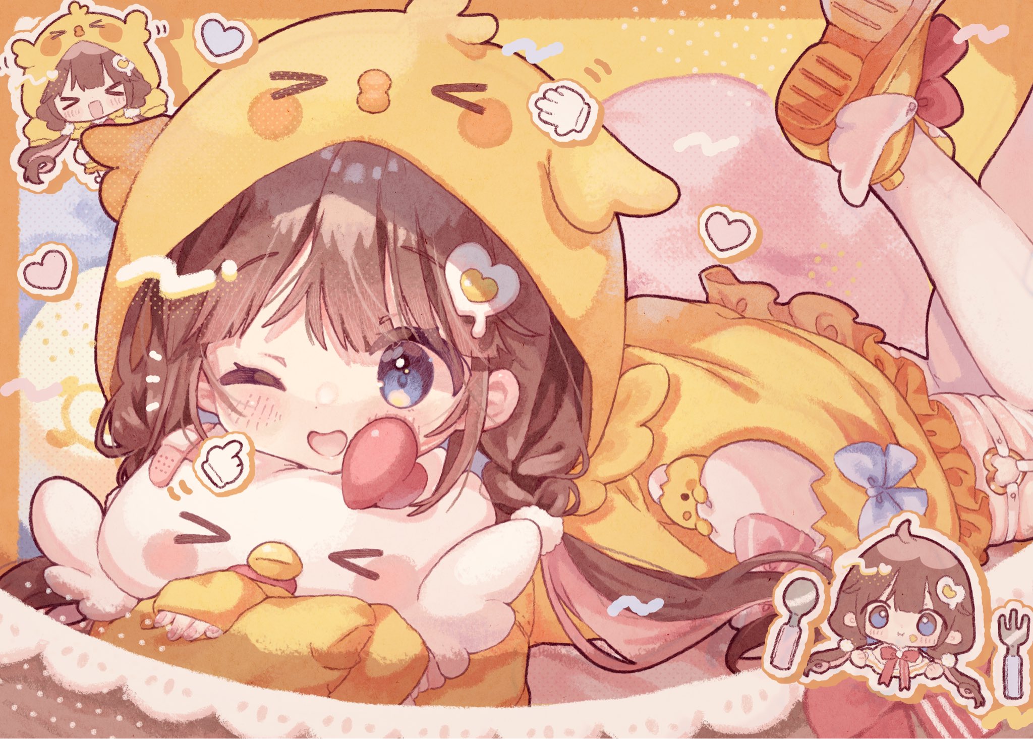 kamizakana iriko, hiyori chihiyo, vee (vtuber), commentary, commission, highres, skeb commission, 1girl, ;d, bird hood, blue eyes, blush, brown hair, chibi, closed mouth, fork, full body, hair ornament, heart, heart hair ornament, hood, hood up, hoodie, legs up, long hair, low twintails, lying, on stomach, one eye closed, open mouth, shoes, smile, spoon, thigh strap, thighhighs, twintails, white thighhighs, yellow background, yellow hoodie, yellow shoes