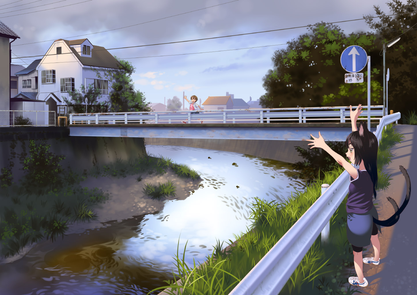 sakenotorii, original, 2girls, animal ears, black hair, bridge, cat ears, guard rail, house, multiple girls, multiple tails, nekomata, outdoors, road, road sign, scenery, sign, slice of life, stream, street, tail, town, water, waving
