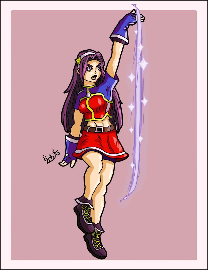 asamiya athena, the king of fighters, 1girl, breasts, dress, female focus, gloves, hairband, leg up, long hair, magical girl, medium breasts, open mouth, pale skin, purple eyes, purple hair, robthemecasnake, shoes, skirt, star (symbol), thick thighs, thighs