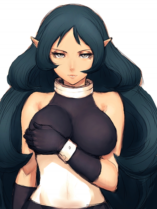 fumio (rsqkr), net venus, net ghost pipopa, breast hold, 00s, 1girl, bare shoulders, breasts, female focus, gloves, grabbing own breast, green hair, long hair, midriff, pointy ears, sleeveless, sleeveless turtleneck, solo, turtleneck