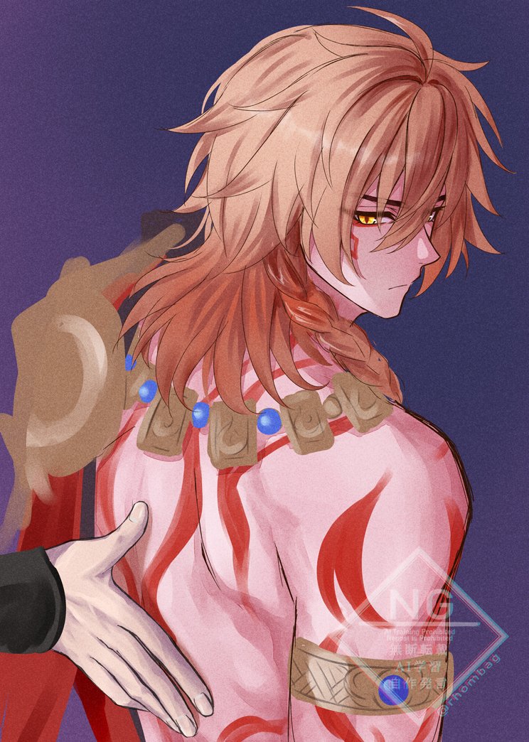 rhombag, mydei (honkai: star rail), phainon (honkai: star rail), honkai: star rail, honkai (series), commentary, english commentary, 2boys, arm tattoo, armlet, back tattoo, black coat, blonde hair, braid, cape, coat, facial tattoo, gradient hair, hand on another's back, jewelry, male focus, medium hair, multicolored hair, multiple boys, open clothes, open coat, red cape, red hair, red tattoo, side braid, side cape, solo focus, tattoo, watermark, yellow eyes