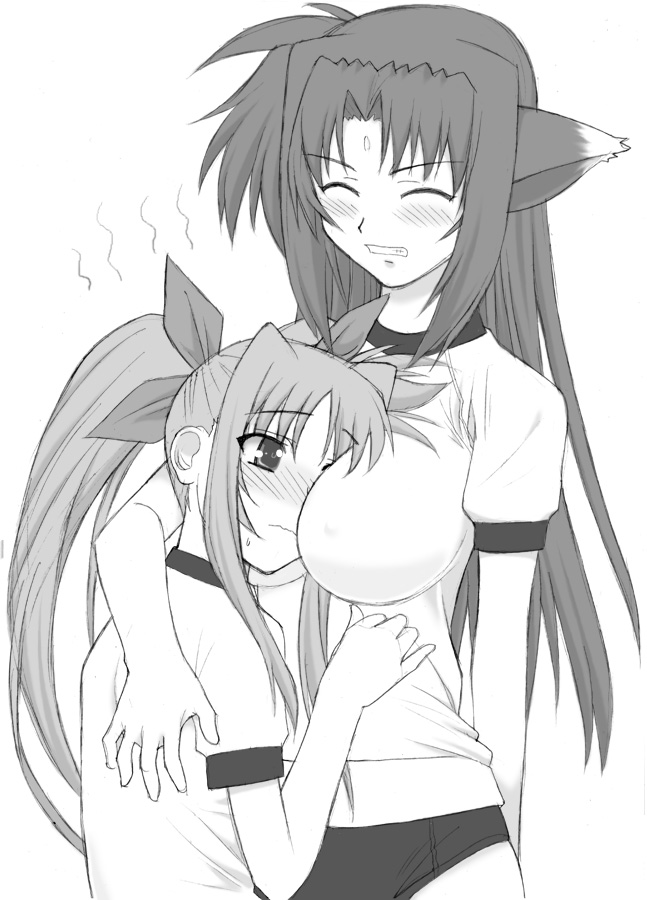 shichimenchou, arf, fate testarossa, lyrical nanoha, mahou shoujo lyrical nanoha, 00s, 2girls, animal ears, between breasts, blush, breasts, fox ears, greyscale, gym uniform, hug, large breasts, monochrome, multiple girls, twintails