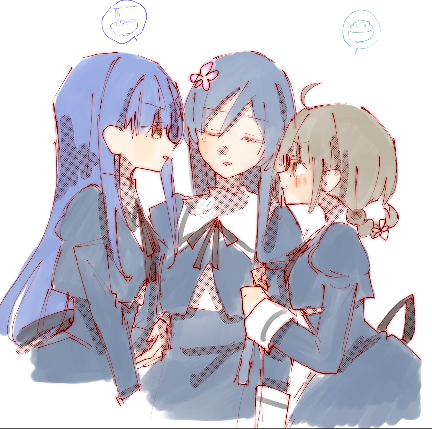 rui rui rui0122, rokkaku shiori, assault lily, commentary, highres, 3girls, :t, ahoge, akashi manaka, arm hug, arms at sides, black ribbon, black skirt, blue hair, blush, braid, braided ponytail, brown hair, closed eyes, closed mouth, cropped jacket, cropped torso, flower, food, girl sandwich, hair between eyes, hair flower, hair ornament, hands up, high-waist skirt, juliet sleeves, long hair, long sleeves, looking at another, multiple girls, neck ribbon, noodles, parted lips, pink flower, profile, puff of air, puffy sleeves, ramen, ribbon, rice, sandwiched, school uniform, shirt, short hair, sidelocks, simple background, single braid, skirt, smile, speech bubble, spoken food, taniguchi hijiri, upper body, v-shaped eyebrows, white background, white shirt, yellow eyes, yurigaoka girls academy school uniform