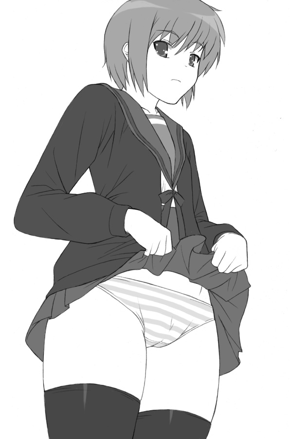 shichimenchou, nagato yuki, suzumiya haruhi no yuuutsu, 00s, 1girl, cameltoe, cardigan, clothes lift, female focus, greyscale, lifting own clothes, monochrome, panties, school uniform, serafuku, short hair, skirt, skirt lift, solo, striped clothes, striped panties, thighhighs, underwear, zettai ryouiki