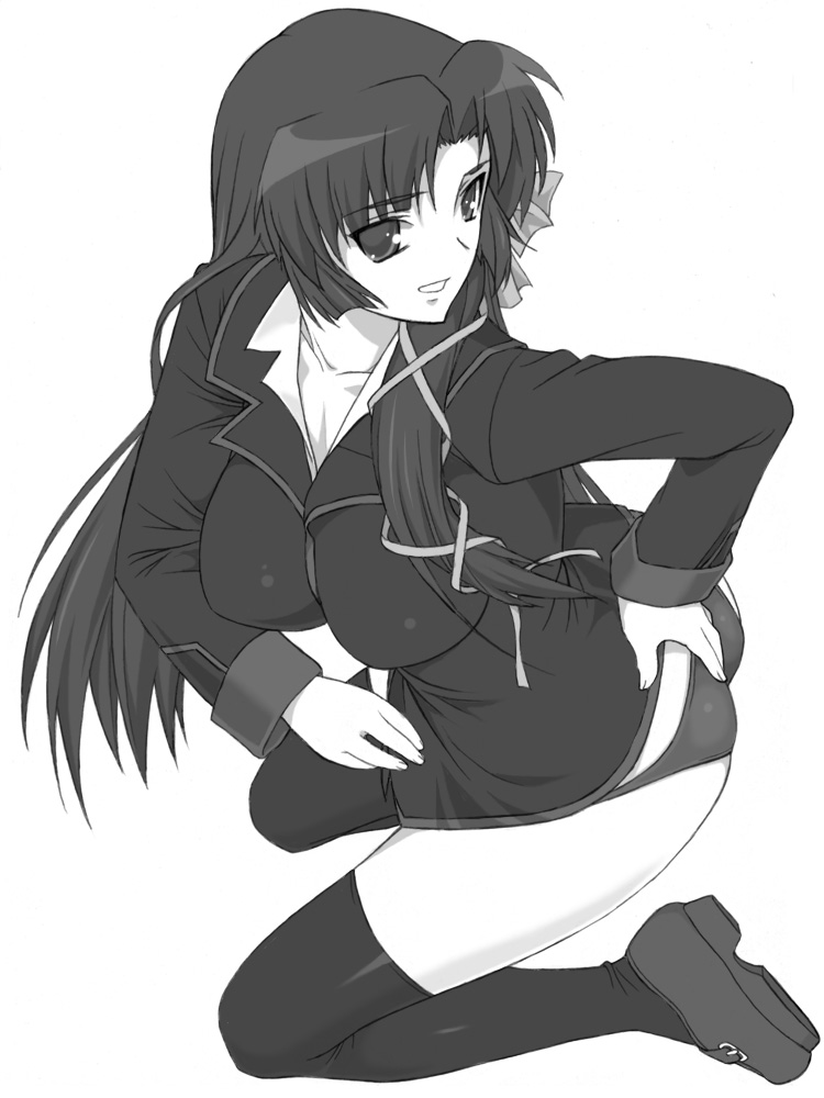shichimenchou, kurugaya yuiko, little busters!, 1girl, breasts, female focus, greyscale, hair ribbon, kneeling, large breasts, monochrome, no pants, panties, ribbon, solo, thighhighs, underwear