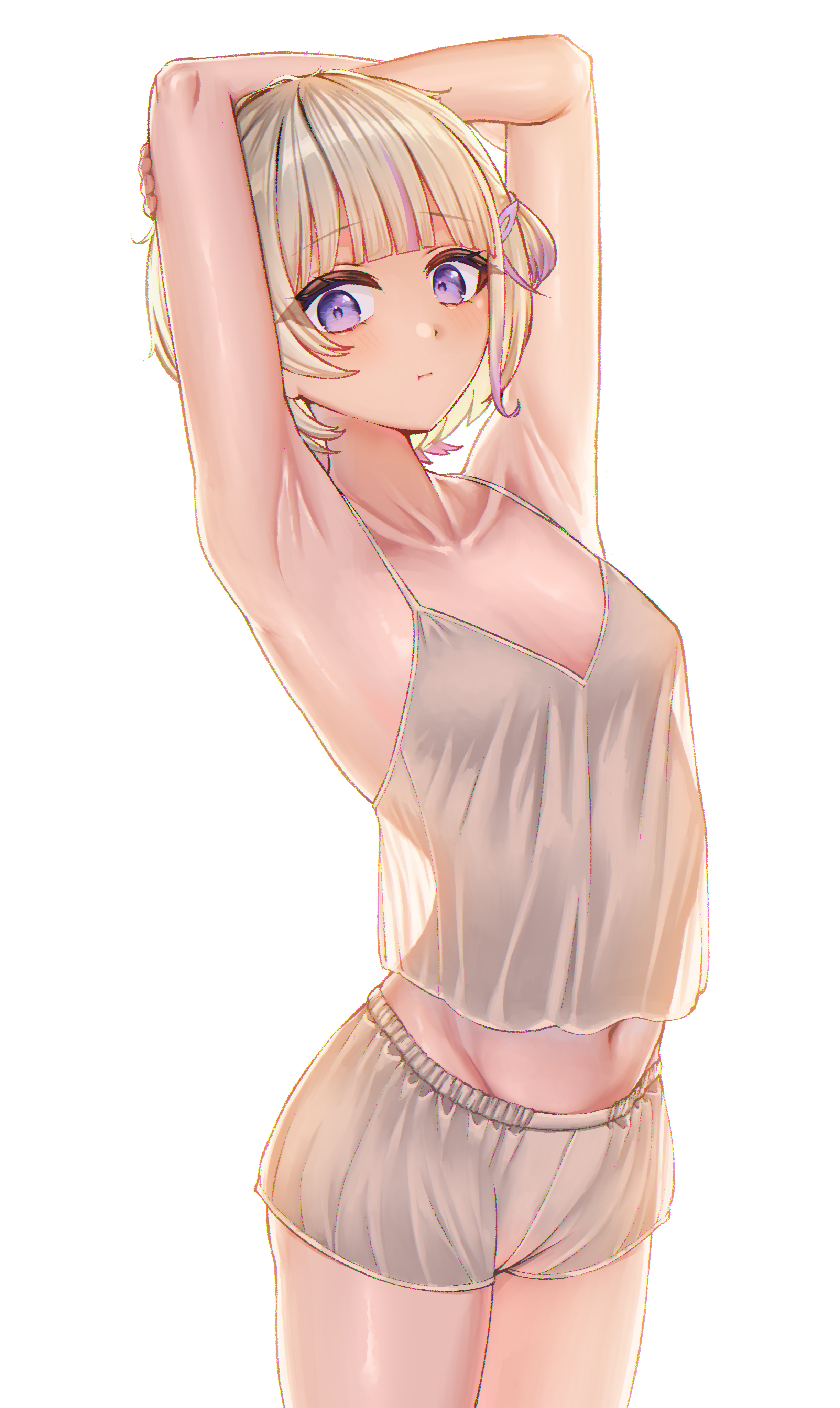 mack (13mcqn), todoroki hajime, hololive, hololive dev is, absurdres, commentary, english commentary, highres, 1girl, alternate costume, armpits, arms up, bare arms, blonde hair, blunt bangs, breasts, camisole, closed mouth, looking at viewer, loungewear, midriff, multicolored hair, navel, purple eyes, purple hair, see-through silhouette, short hair, short shorts, shorts, simple background, small breasts, solo, streaked hair, two side up, virtual youtuber, white background, white camisole, white shorts