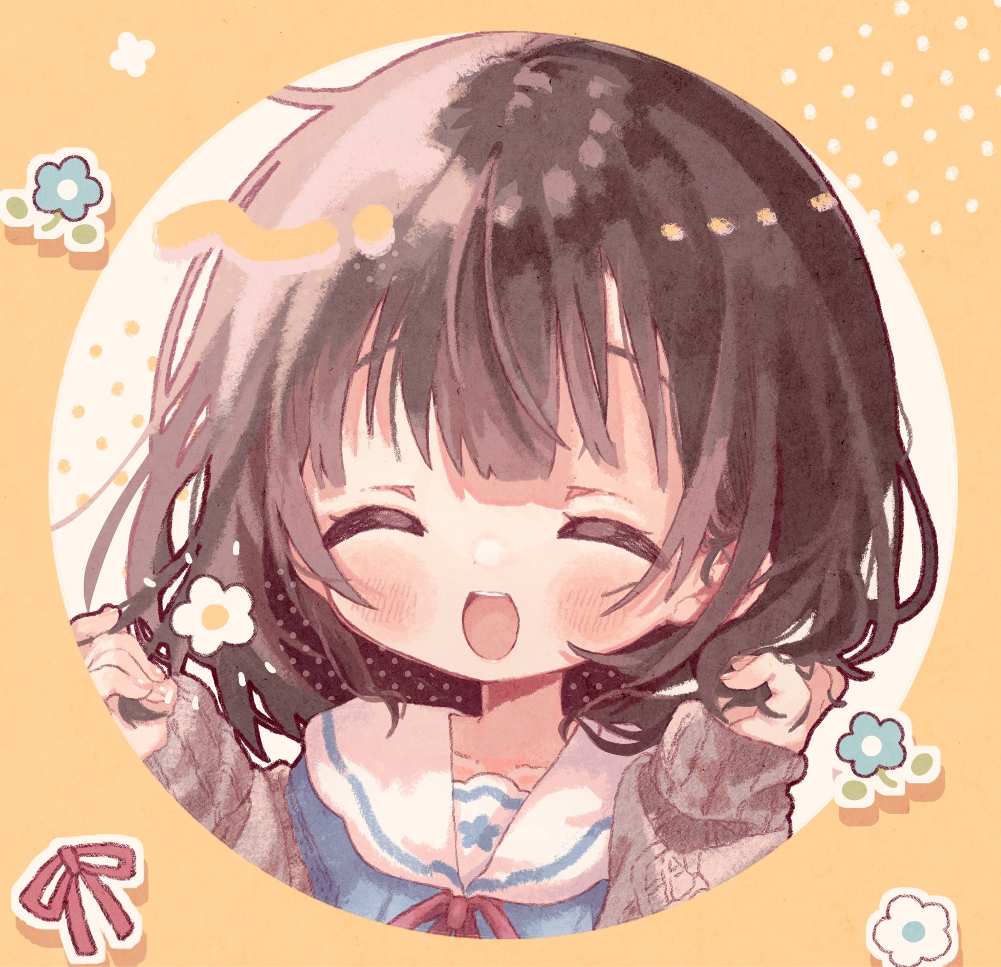 kamizakana iriko, original, commentary, commission, highres, skeb commission, 1girl, :d, ^ ^, blue shirt, blush, border, brown hair, brown sweater, closed eyes, facing viewer, hands up, long sleeves, neck ribbon, open mouth, red ribbon, ribbon, round border, sailor collar, school uniform, serafuku, shirt, short hair, smile, solo, sweater, white background, white sailor collar, yellow border