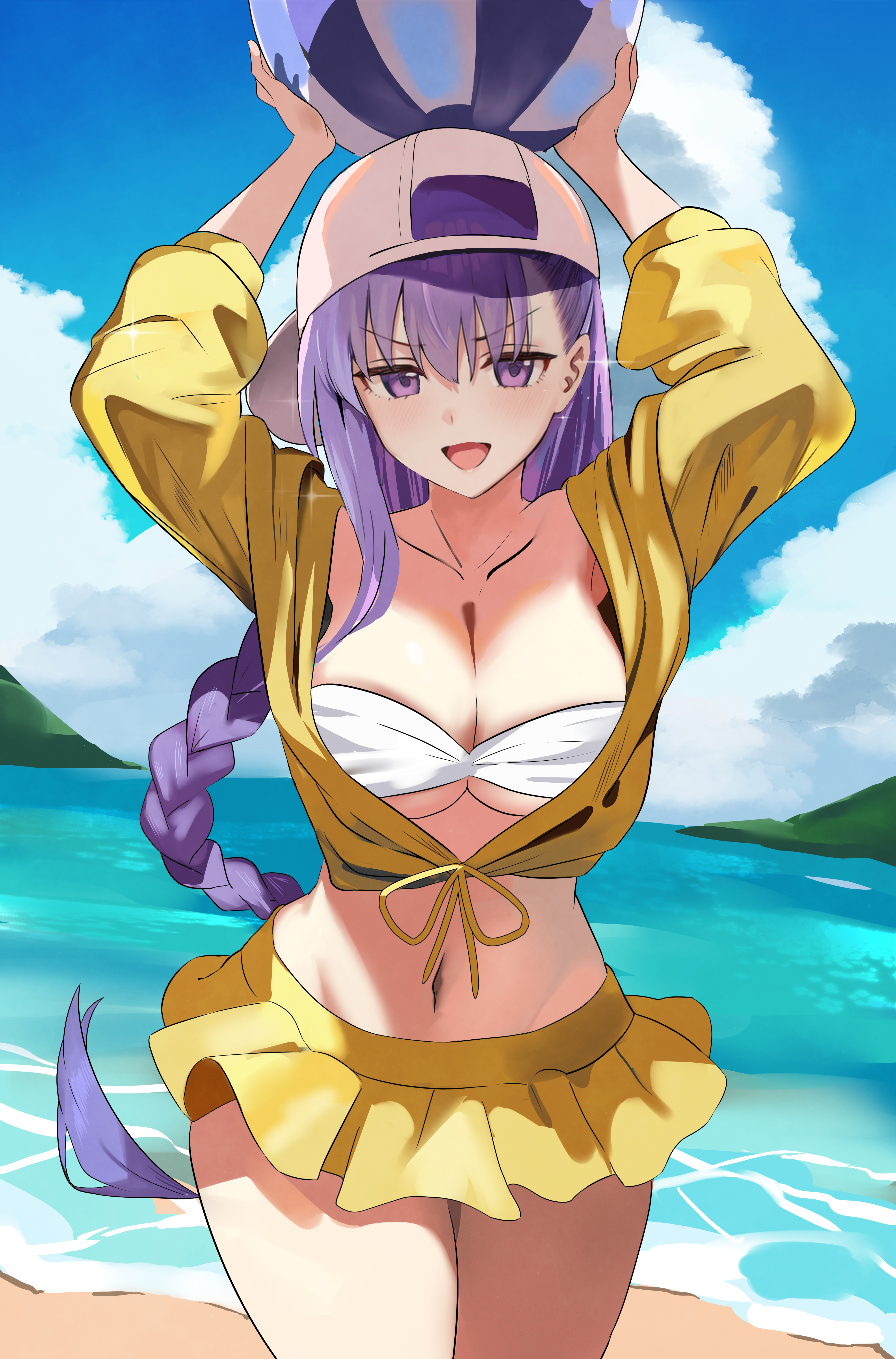 sylph kim, bb (fate), bb (swimsuit mooncancer) (first ascension) (fate), fate/grand order, fate (series), absurdres, highres, 1girl, bare shoulders, baseball cap, blush, braid, breasts, cleavage, hat, jacket, large breasts, long hair, long sleeves, looking at viewer, navel, open mouth, purple eyes, purple hair, single braid, skirt, smile, solo, white hat, yellow jacket, yellow skirt