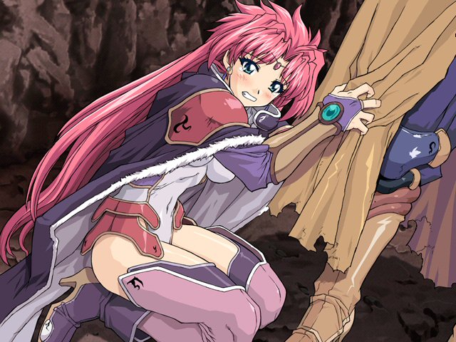 brave soul, mogudan, caroll (brave soul), caroll kirkland, caroll, fur, game cg, 1girl, blue eyes, blush, boots, cape, circlet, clenched teeth, earrings, female focus, high heels, holding, jewelry, kneeling, leotard, long hair, navel, pink hair, scared, shoes, skin tight, solo, teeth, thighhighs, thighs, very long hair, white leotard