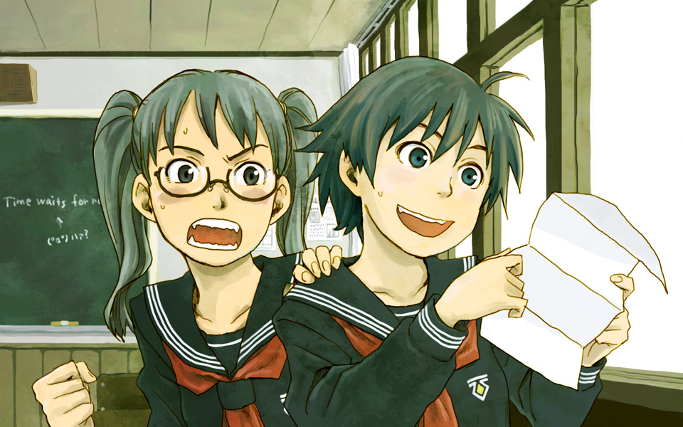 naotan, konno makoto, original, toki wo kakeru shoujo, hand on shoulder, silver hair, 00s, 2girls, androgynous, angry, blush, board eraser, chalkboard, classroom, clenched hand, emoticon, english text, fang, glasses, green eyes, green hair, holding, holding paper, indoors, kaomoji, long hair, multiple girls, open mouth, paper, school, school uniform, short hair, smile, sweatdrop, teeth, twintails