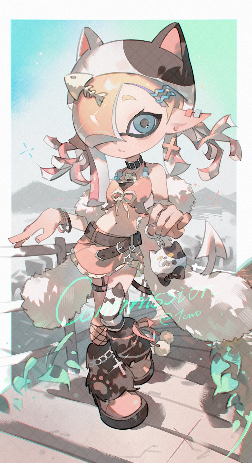 towo nita, inkling girl, inkling player character, judd (splatoon), nintendo, splatoon (series), commentary, commission, english commentary, highres, 1girl, animal hat, asymmetrical legwear, belt, black belt, black choker, black leg warmers, black socks, black tail, blue eyes, bracelet, cat hat, character charm, charm (object), choker, closed mouth, crop top, cross, cross earrings, demon tail, earrings, fishnet socks, fishnets, full body, fur shawl, hair ornament, hair over one eye, hairclip, hat, holding, holding charm, inkling, jewelry, leg warmers, long hair, looking at viewer, midriff, mismatched legwear, multiple earrings, navel, necklace, one eye covered, pink hair, pink shirt, pink shoes, pink skirt, pointy ears, shawl, shirt, shoes, single thighhigh, skirt, socks, solo, standing, striped clothes, striped thighhighs, tail, tentacle hair, thighhighs, twintails, two-tone tail, uneven legwear, white shawl, white tail, white thighhighs