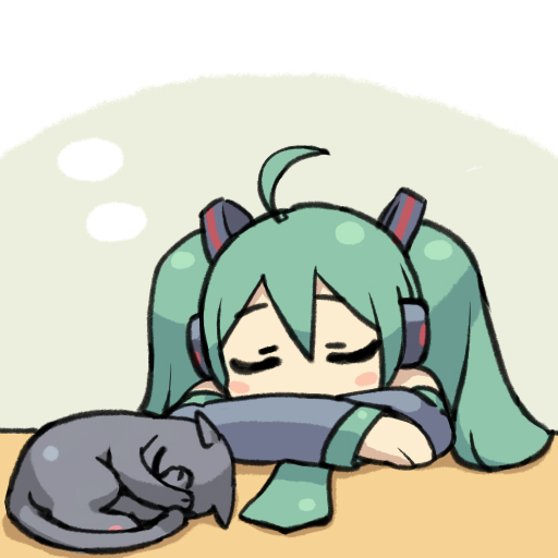 chan co, hatsune miku, vocaloid, 1girl, ahoge, aqua hair, cat, chibi, female focus, sleeping, solo, upper body