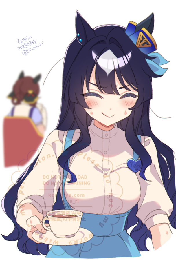 koruri, gentildonna (umamusume), verxina (umamusume), umamusume, commentary request, 2girls, ^ ^, animal ears, black hair, blue skirt, blurry, blurry background, blush, breasts, closed eyes, closed mouth, cup, dated, depth of field, high-waist skirt, holding, holding saucer, horse ears, long hair, medium breasts, multicolored hair, multiple girls, one-hour drawing challenge, puffy short sleeves, puffy sleeves, saucer, shirt, short sleeves, simple background, skirt, smile, solo focus, suspender skirt, suspenders, sweat, teacup, twitter username, two-tone hair, very long hair, watermark, white background, white hair, white shirt