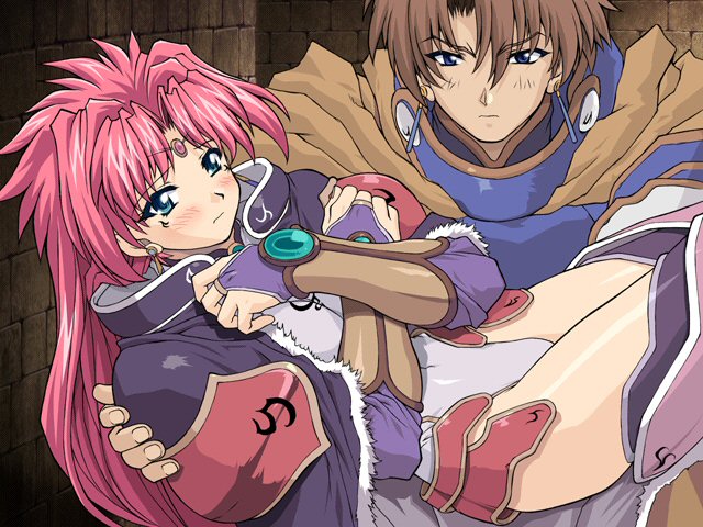 brave soul, mogudan, caroll (brave soul), caroll kirkland, rudy, rudy (brave soul), caroll, fur, game cg, 1boy, 1girl, blue eyes, blush, brown hair, carrying, circlet, earrings, jewelry, leotard, long hair, pink hair, princess carry, thighhighs, thighs, white leotard