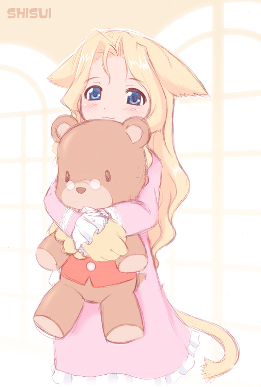 shisui, original, 1girl, :3, animal ears, blue eyes, blush, doll, dress, female focus, hug, hugging doll, hugging object, long hair, solo, stuffed animal, stuffed toy, tail, teddy bear
