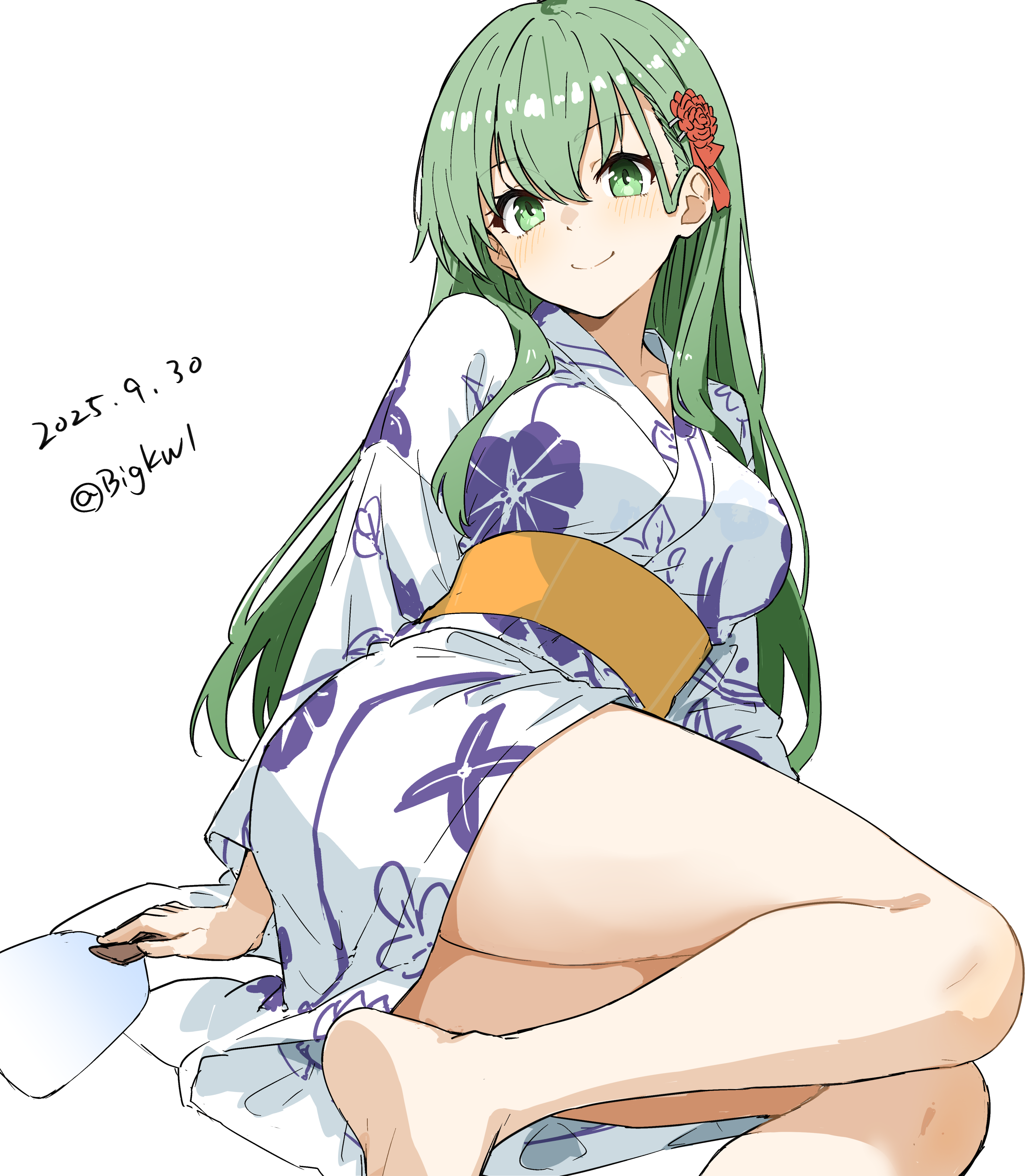 bigkwl, suzuya (kancolle), suzuya (yukata) (kancolle), kantai collection, absurdres, highres, 1girl, aqua eyes, aqua hair, blush, breasts, dated, floral print, flower, hair between eyes, hair flower, hair ornament, hairclip, japanese clothes, kimono, large breasts, long hair, looking at viewer, obi, official alternate costume, print kimono, sash, sitting, smile, solo, twitter username, white kimono, yukata