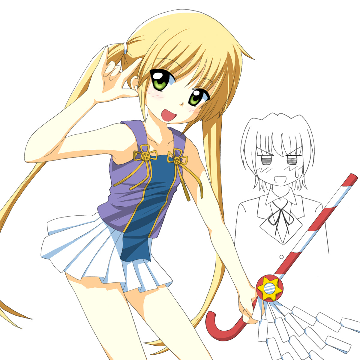 hiraizumi (mugenkidousha), ayasaki hayate, nagi, sanzen'in nagi, hayate no gotoku!, kannagi, highres, 1boy, 1girl, m/, blonde hair, cane, cosplay, green eyes, nagi (cosplay), name connection, pleated skirt, skirt, twintails, white skirt