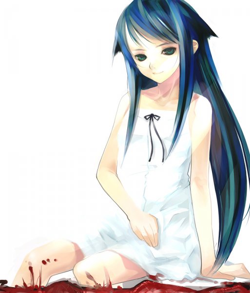 saya (saya no uta), saya no uta, tagme, blood, blue hair, green eyes, long hair