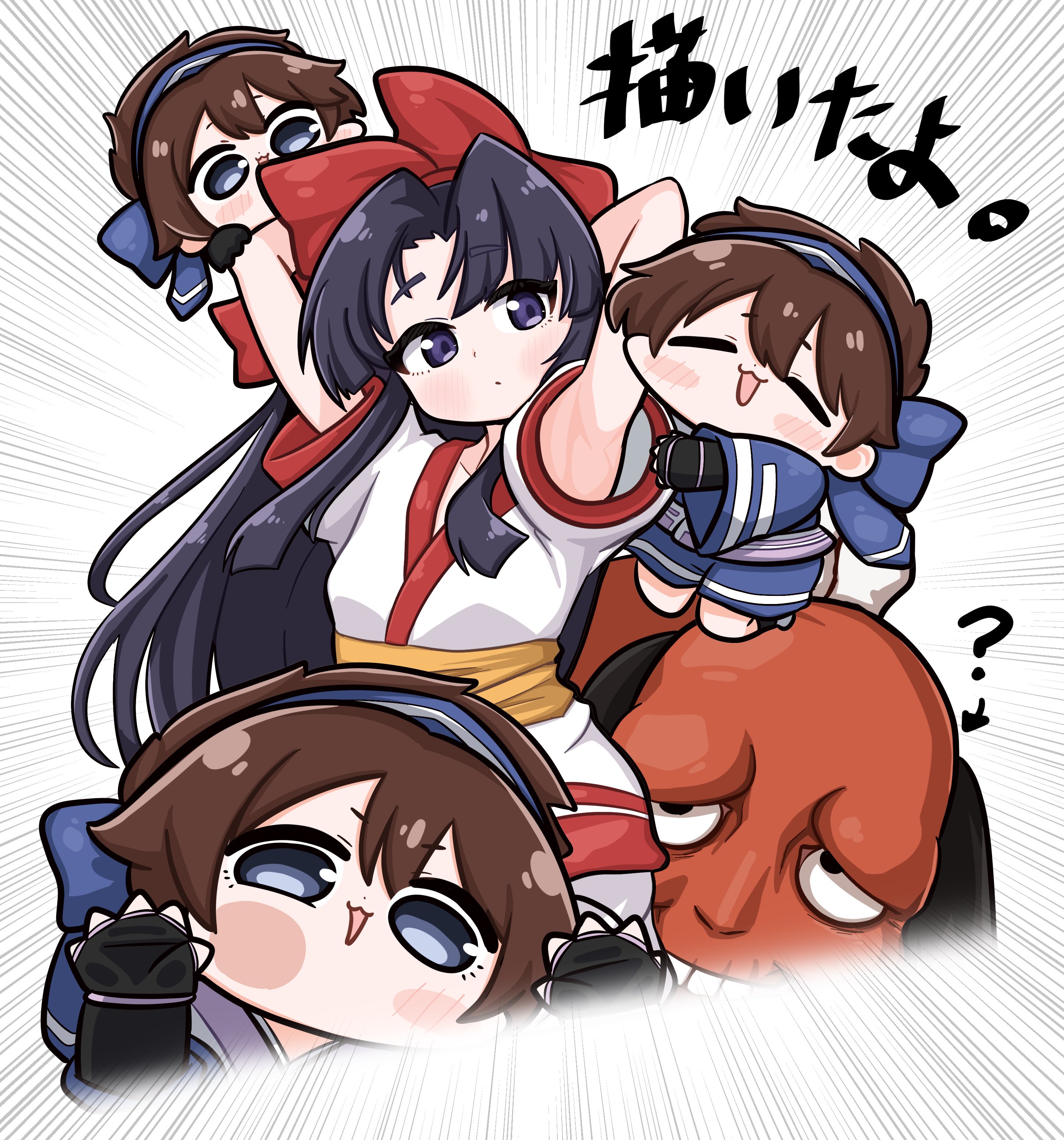 nakoruru, rimururu, youkai kusaregedo, samurai spirits, snk, highres, translation request, 1boy, 2girls, ?, against glass, ainu clothes, armpits, arms behind head, black hair, blue eyes, breasts, brown hair, chibi, clone, fingerless gloves, fourth wall, gloves, hair ribbon, japanese text, legs, long hair, looking at viewer, monster, motion lines, multiple girls, open mouth, pants, purple eyes, purple hair, ribbon, shorts, siblings, sisters, small breasts, smile, teeth, thighs, tongue