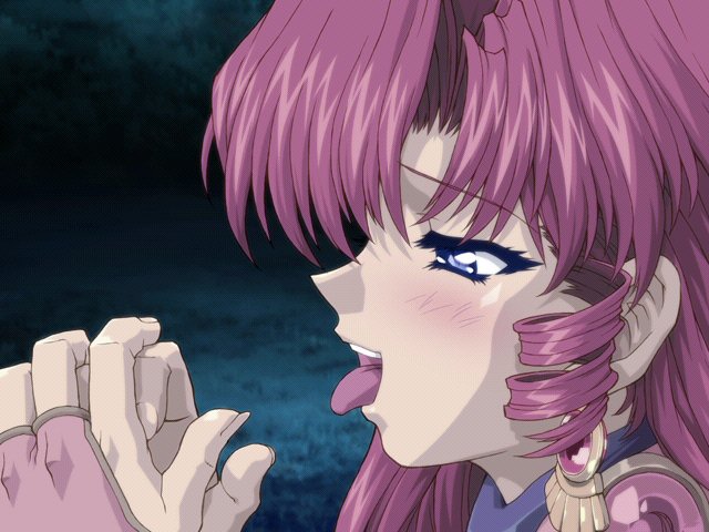 brave soul, mogudan, ruby (brave soul), game cg, 1girl, blue eyes, blush, drill hair, earrings, invisible penis, jewelry, long hair, night, open mouth, oral, outdoors, red hair, solo focus, tongue