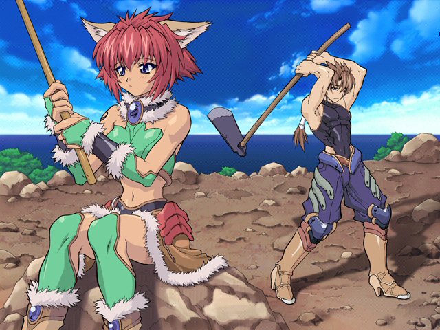 brave soul, mogudan, marin (brave soul), rudy, rudy (brave soul), fur, game cg, 1boy, 1girl, adze, axe, bare shoulders, blue eyes, boots, brown hair, cloud, day, fishing, fishing rod, high heels, holding, holding fishing rod, midriff, muscular, navel, outdoors, ponytail, red hair, rock, shoes, short hair, sitting, skin tight, skirt, sky, tattoo, thighhighs, thighs, water, weapon
