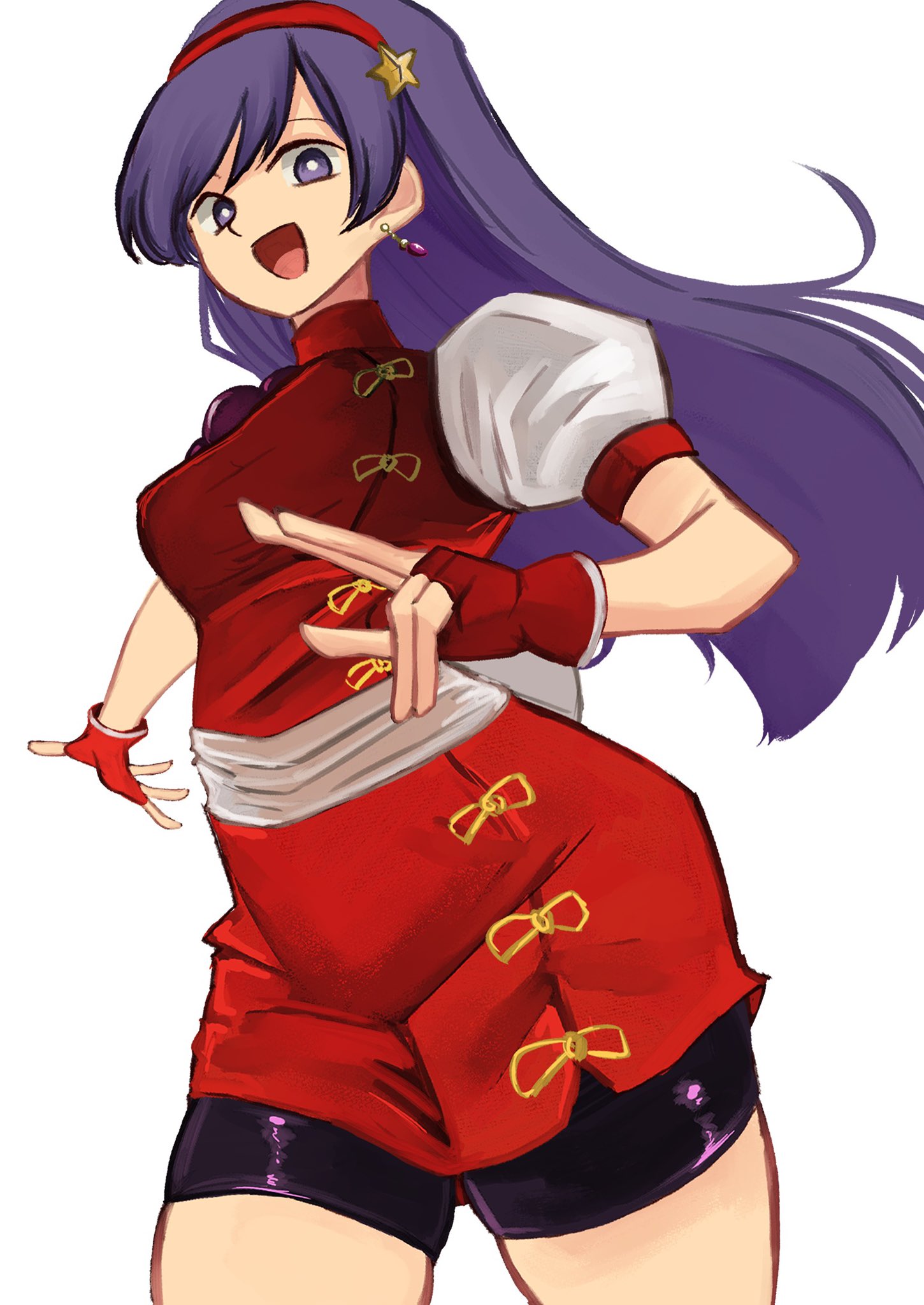 tikuwabu 33, asamiya athena, snk, the king of fighters, 1girl, bike shorts, breasts, dress, earrings, female focus, gloves, hairband, hand up, jewelry, long hair, looking at viewer, medium breasts, open mouth, pale skin, pants, purple eyes, purple hair, skirt, smile, star (symbol), thick thighs, thighs, tight clothes, tight pants, wide hips