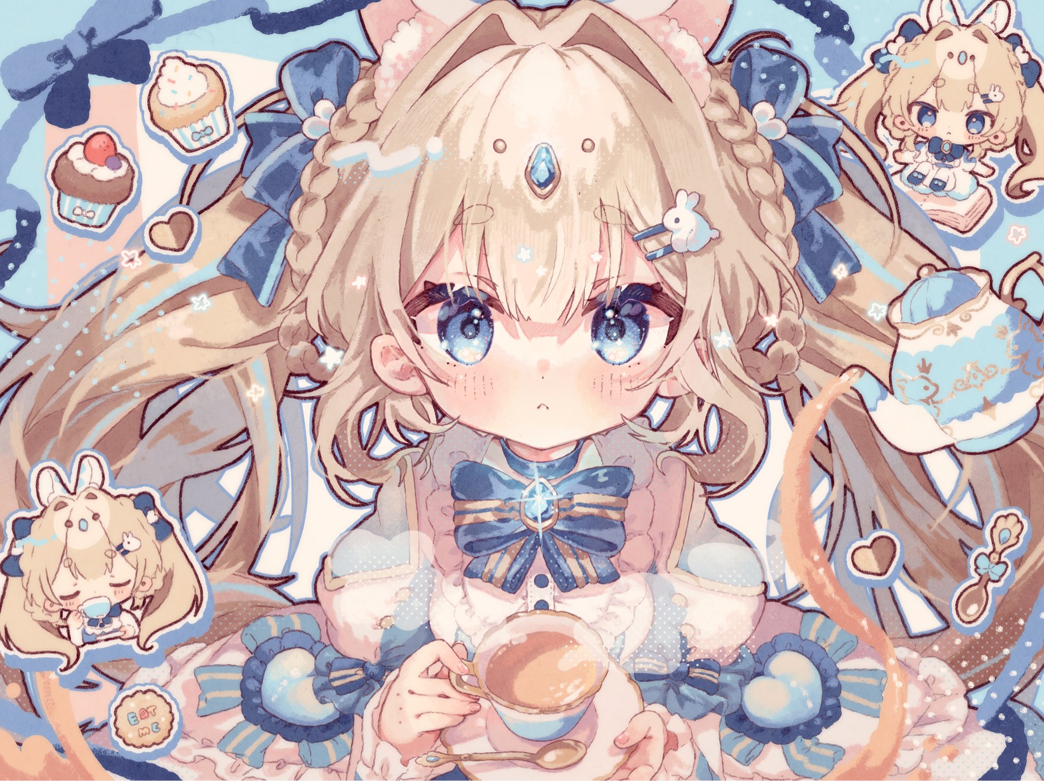 kamizakana iriko, character request, commentary, commission, copyright request, highres, skeb commission, 1girl, animal ear fluff, animal ears, blonde hair, blue background, blue bow, blue bowtie, blue dress, blue eyes, blush, bow, bowtie, chibi, closed mouth, cup, dress, hair ornament, hairclip, holding, holding cup, long hair, looking at viewer, parallel hairclips, rabbit hair ornament, short sleeves, spoon, striped bow, striped bowtie, striped clothes, teacup, teapot, upper body, virtual youtuber