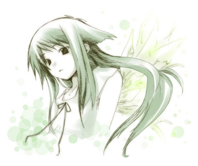saya (saya no uta), saya no uta, lowres, 1girl, bare shoulders, female focus, green hair, green theme, looking at viewer, monochrome, ponytail, sidelocks, simple background, solo, vest, white background