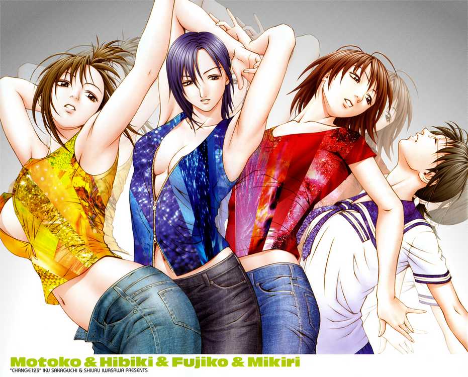 iwasawa shiuri, fujiko (change123), gettou motoko, hibiki (change123), mikiri (change123), change123, 4girls, armpits, arms up, black hair, blue hair, breasts, brown eyes, brown hair, cleavage, denim, female focus, glasses, jeans, lineup, midriff, multiple girls, navel, pants, purple hair, school uniform, serafuku, short hair, time paradox, vest, zipper