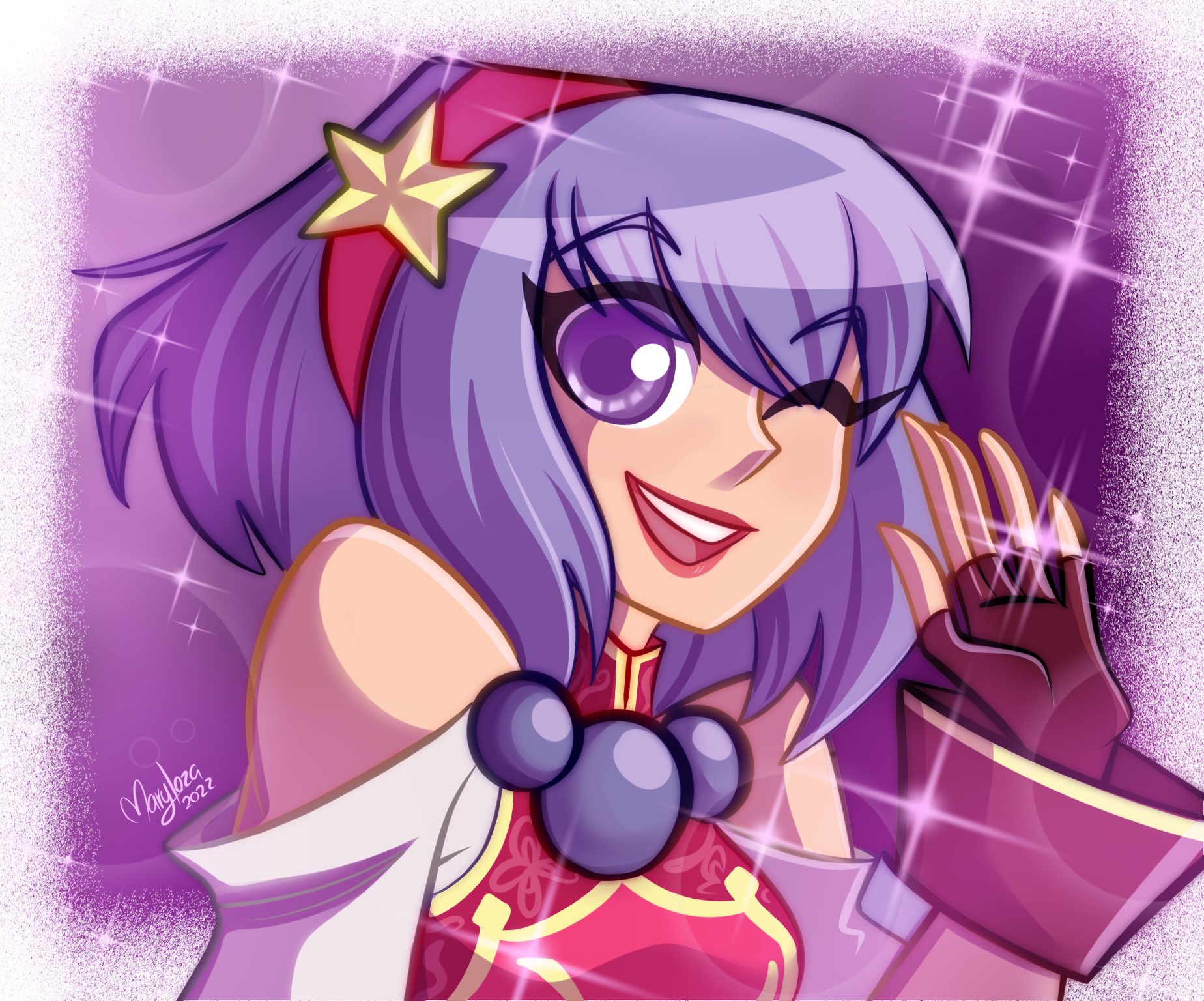 asamiya athena, the king of fighters, the king of fighters xv, 1girl, dress, female focus, gloves, hairband, hand up, looking at viewer, maryloza92, one eye closed, open mouth, pale skin, purple eyes, purple hair, short hair, smile, smiley face, star (symbol), wink