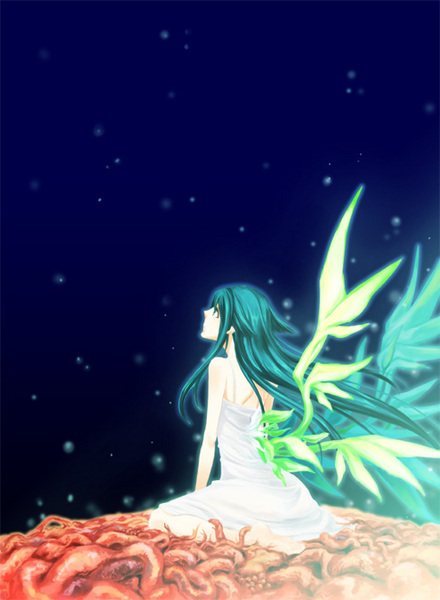 saya (saya no uta), saya no uta, green hair, night, organs, sitting, star (symbol), wings