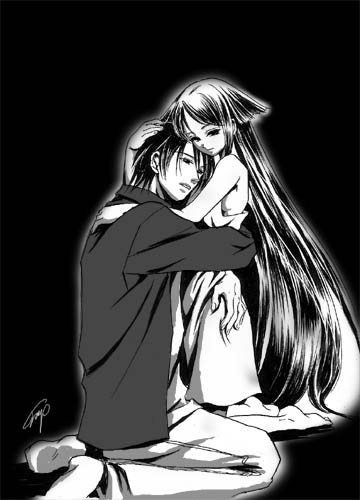 sakisaka fuminori, saya (saya no uta), saya no uta, lowres, 1boy, 1girl, greyscale, hetero, hug, monochrome